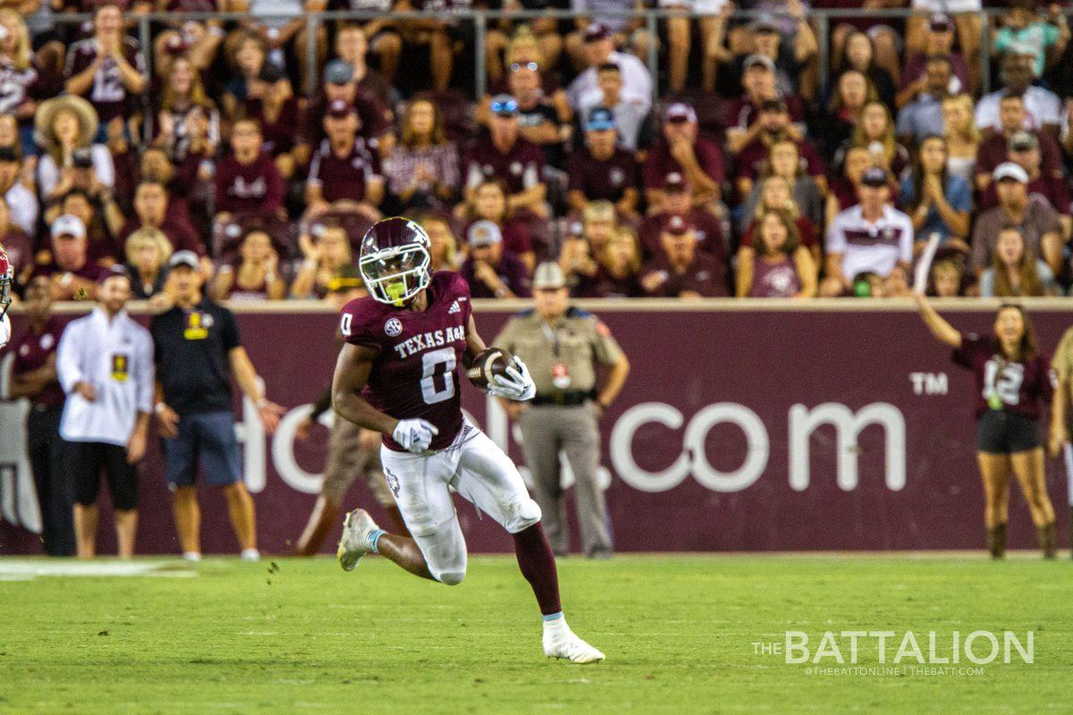 Junior wide receiver Ainias Smith (0) during the Texas A&M vs. South Carolina football game on Oct. 23, 2021. Smith was arrested July 20 for unlawfully possessing a firearm, marijuana and driving while intoxicated.