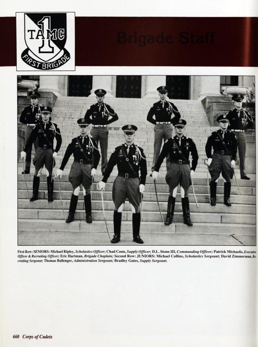 1992-93 Brigade 1 staff, from 1993 Aggieland Yearbook. Pictured right to center is incoming Corps Commandant Brigadier General Patrick Michaelis, Class of 1993.