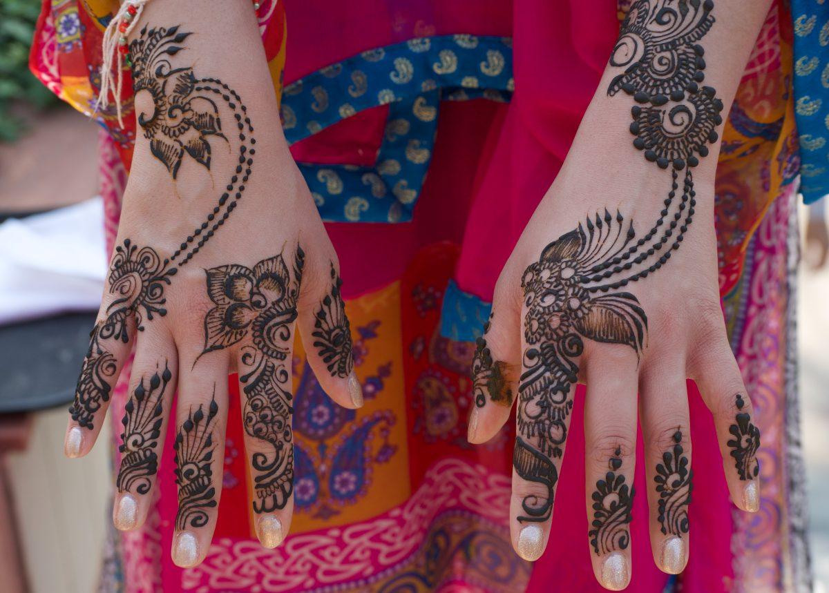 Mehndi tattoos on the hands of opinion writer Maya Pimentel in New Delhi, India. Nov. 2017.