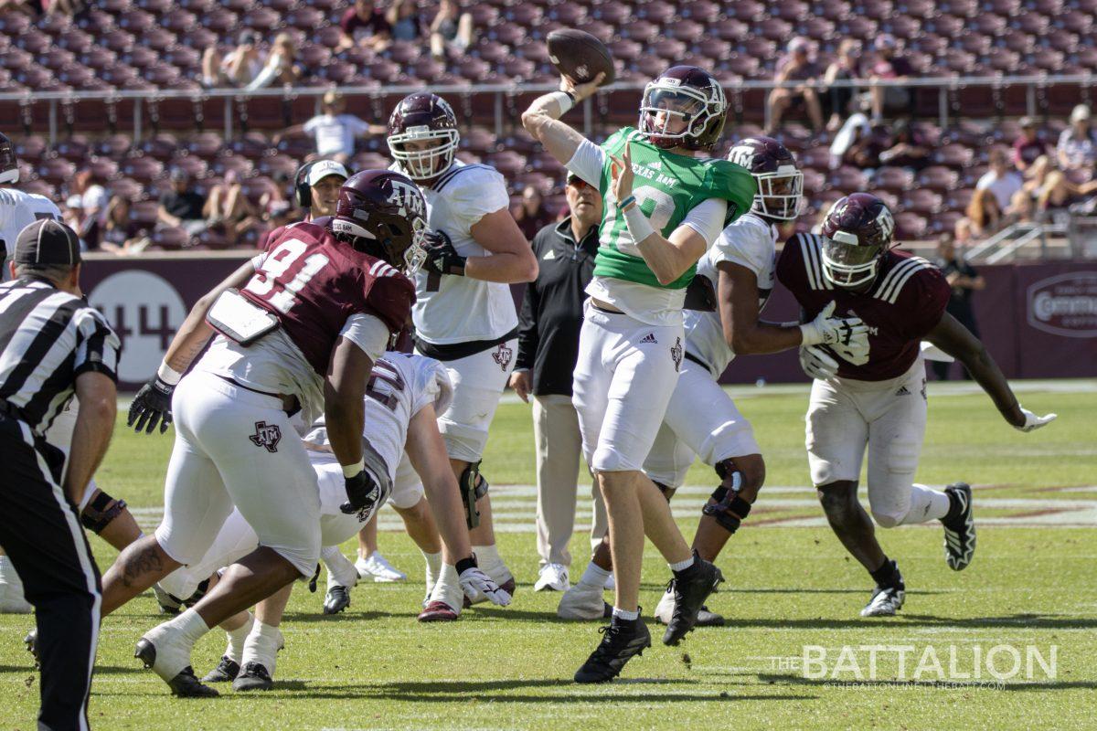 Sophomore QB Haynes King (13) throws the ball in Kyle Field on April 9, 2022.