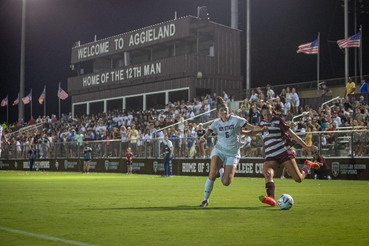 Sophomore D Macy Matula (18) moves to take a shot on the New Mexico State goal during the match between Texas A&amp;M and New Mexico State at Ellis Field on Saturday, Aug. 27, 2022.