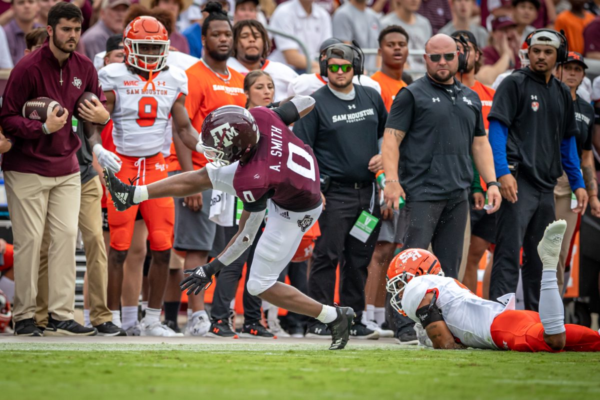 Senior WR Ainias Smith (0) is run out of bounds during the Aggies game against Sam Houston State at Kyle Field on Saturday, Sept. 3, 2022.