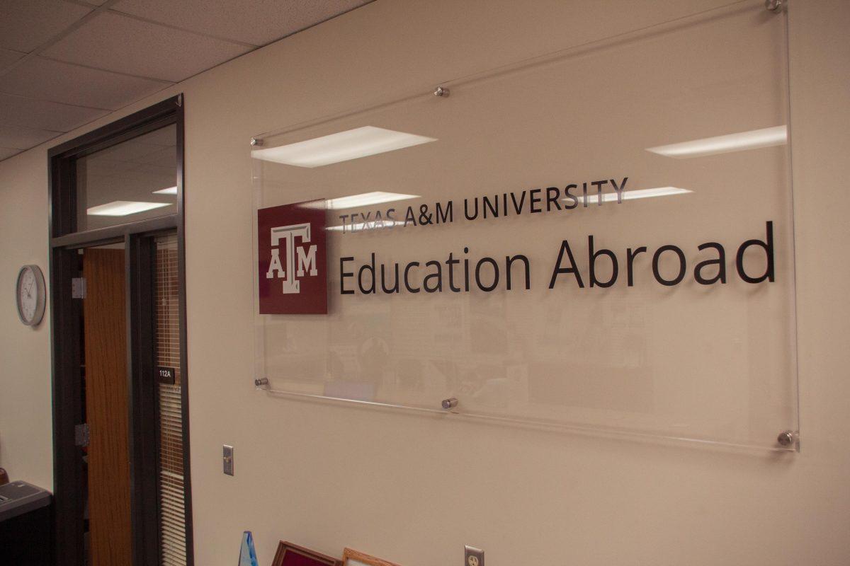 The sign inside the education abroad office located in Pavilion Room 112.