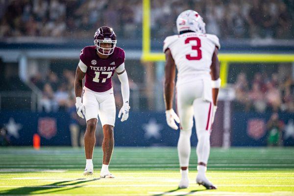 <p>Junior DB Jaylon Jones (17) lines up to cover Arkansas WR Matt Landers (3) during the Southwest Classic on Saturday, Sept. 24, 2022, at AT&T Stadium in Arlington, Texas.</p>