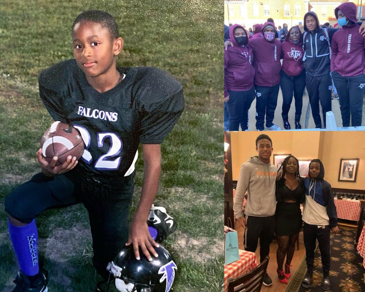 Left to right: A young Antonio Johnson poses for a youth football portrait; Antonio Johnson and his younger brother, Sael Reyes; Antonio Johnson and his family take a photo after a Texas A&amp;M Football game.&#160;