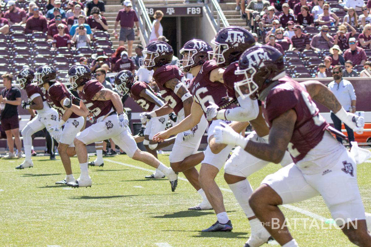 The maroon team following a kickoff during the Maroon & White Spring Game at Kyle Field on April 9, 2022.