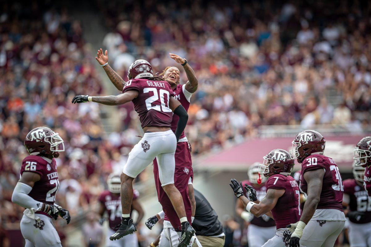 Sophomore DB Jardin Gilbert (20) celebrates after intercepting a ball thrown by Sam Houston State QB Jordan Yates (13) during the Aggies game against Sam Houston State at Kyle Field on Saturday, Sept. 3, 2022.