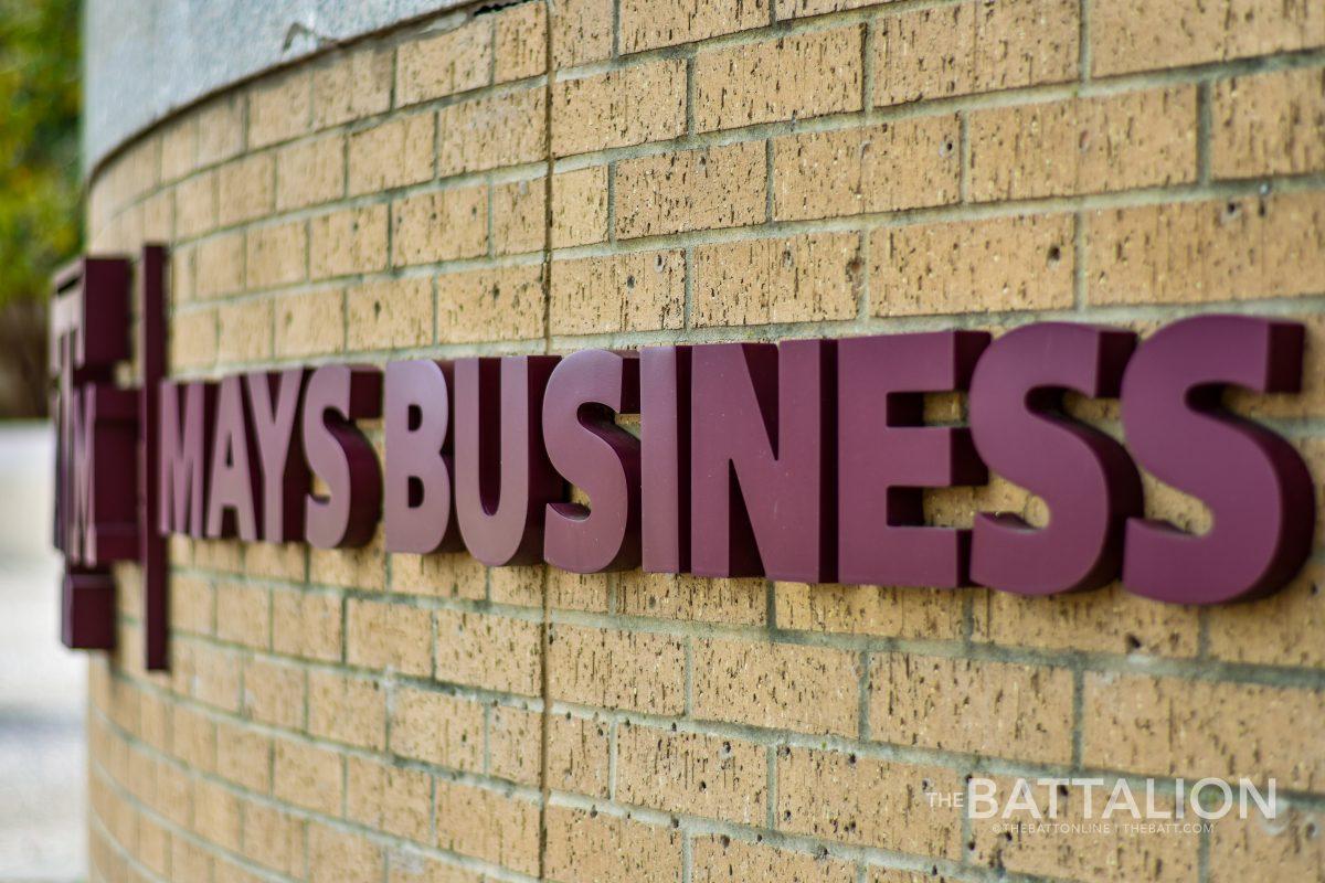 A sign for Mays Business School on Nov. 22, 2022.