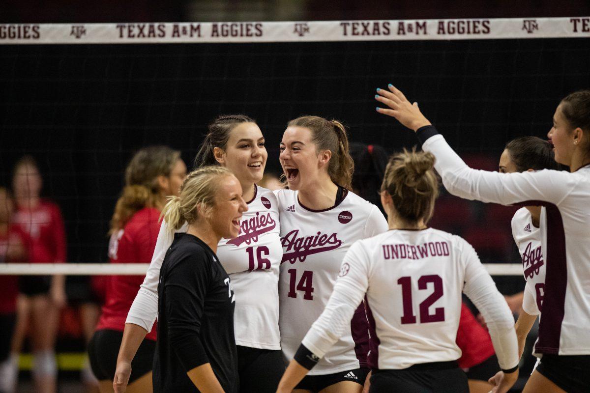 The Aggies celebrate a point at Reed Arena on Friday, Sep. 2, 2022.