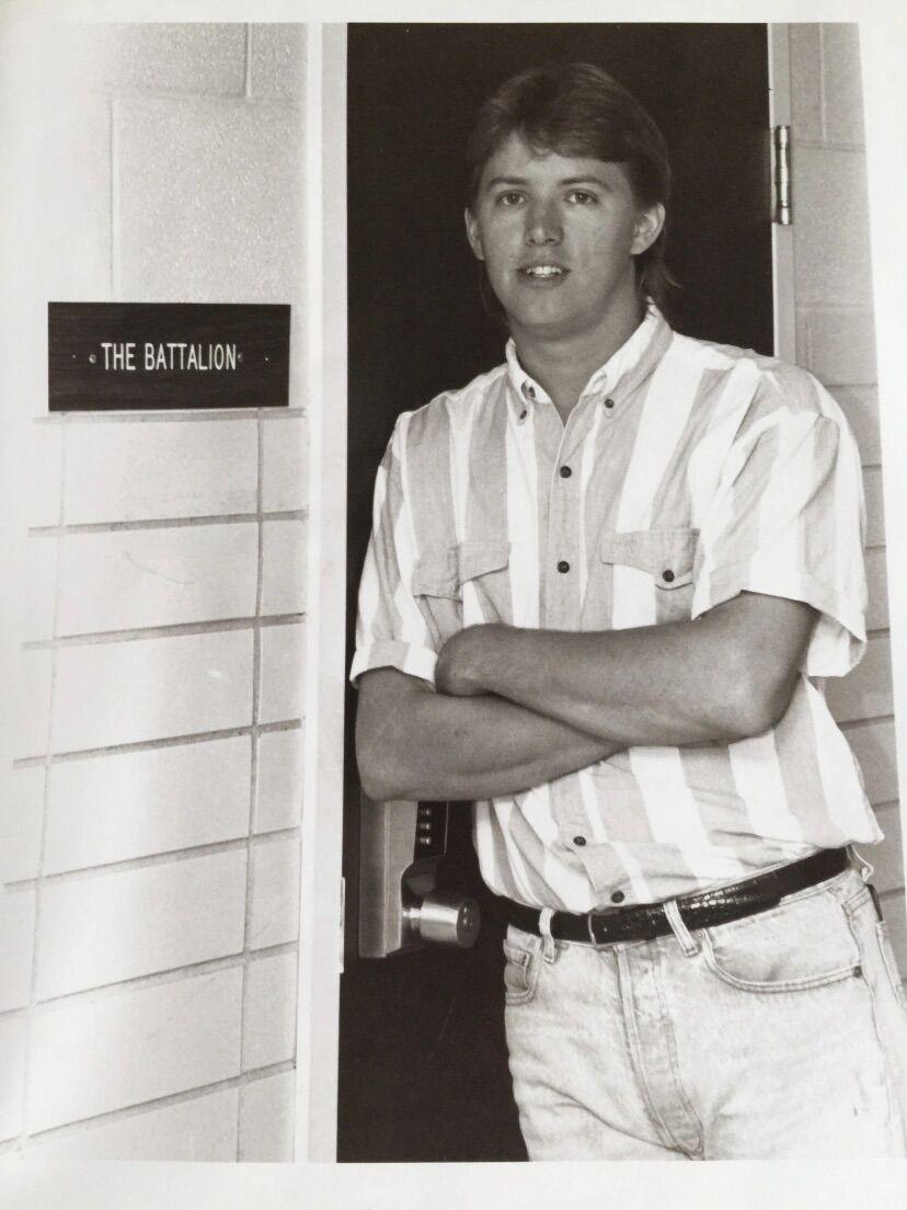 Douglas Pils in front of The Battalion’s former office in the Reed McDonald Building in December of 1991, shortly before his term as editor in chief in the spring semster of 1992.