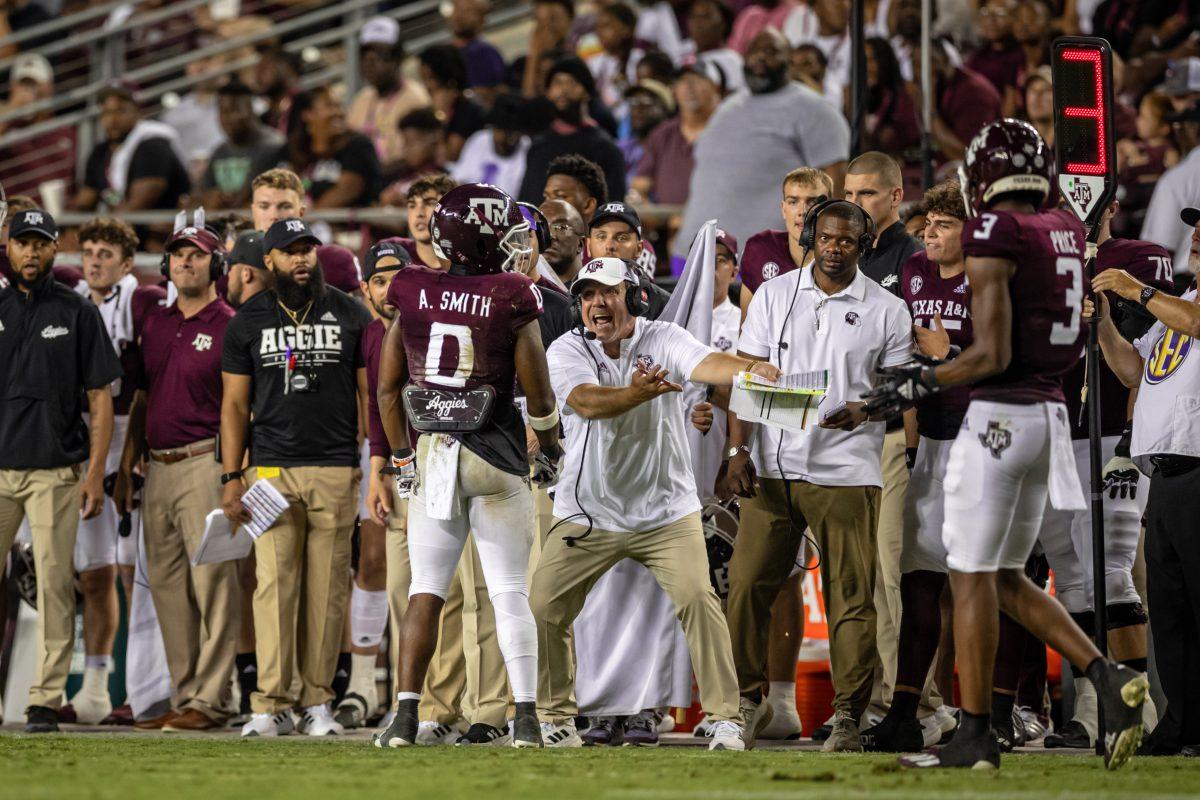 Texas A&M coach Jimbo Fisher reacts after senior WR Ainias Smith (0) drops a pass during A&M’s game against Miami at Kyle Field on Saturday, Sept. 17, 2022.