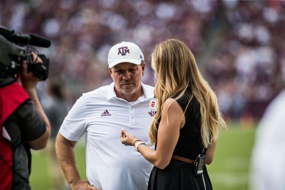 Head Coach Jimbo Fisher is interviewed by an ESPN reporter after the first half at Kyle Field on Saturday, Sep. 10, 2022.