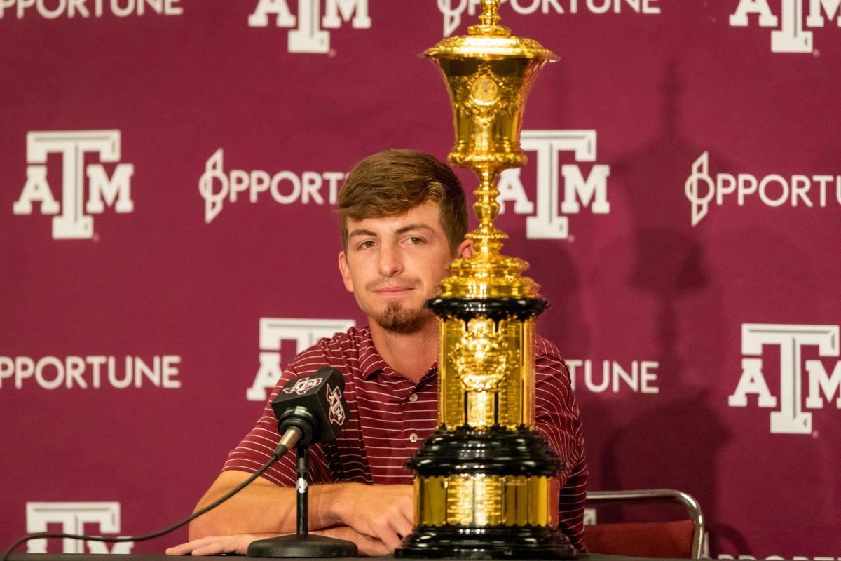 Senior Sam Bennett answers questions at a press conference at Kyle Field after returning home following his win at the US Amateur Championship.