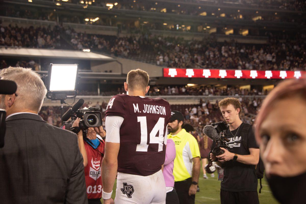 Junior QB Max Johnson (14) is interviewed on ESPN after Texas A&Ms win against Miami at Kyle Field on Saturday, Sept. 17, 2022.