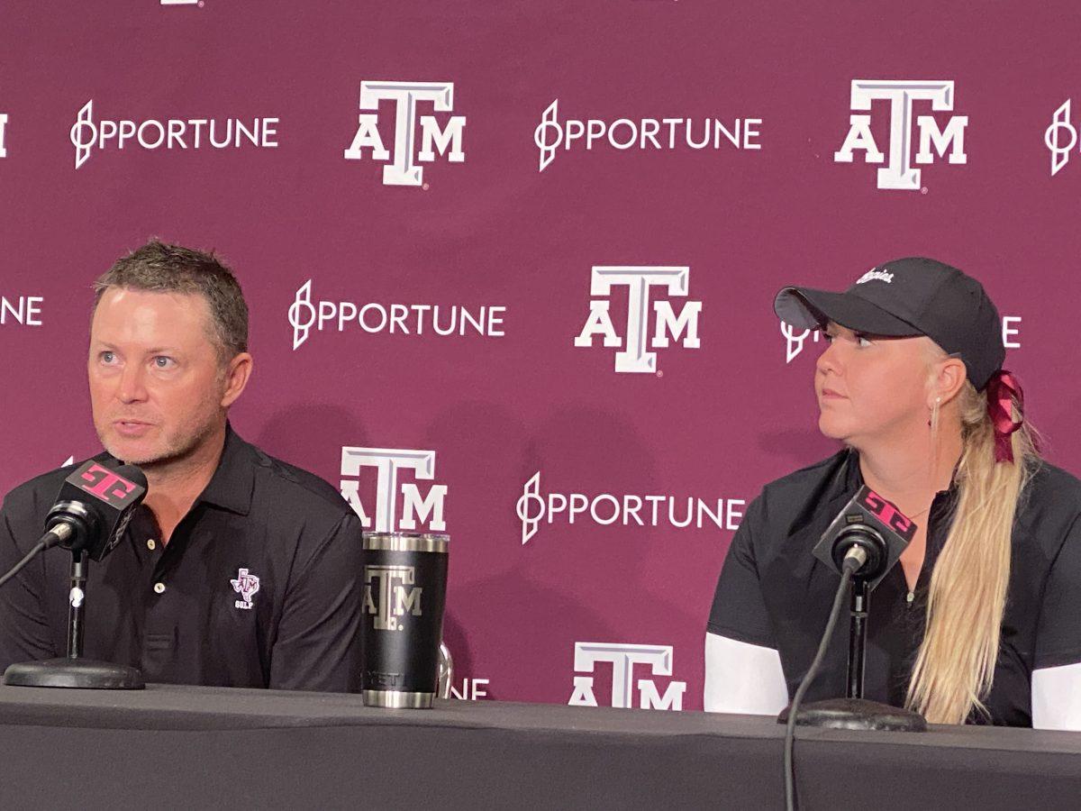 Head womens golf coach Gerrod Chadwell and graduate transfer student Hailee Cooper speak to press at the Kyle Field Media Center on Sept. 19, 2022. 