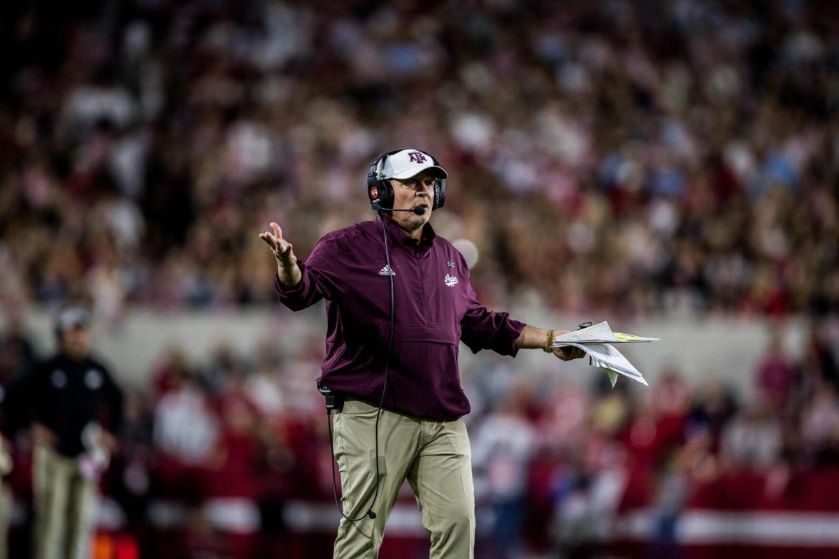 Head coach Jumbo Fisher questions a referee call during a game against the Alabama Crimson Tide on Saturday, Oct. 8, 2022, at Bryant-Denny Stadium in Tuscaloosa, Alabama.