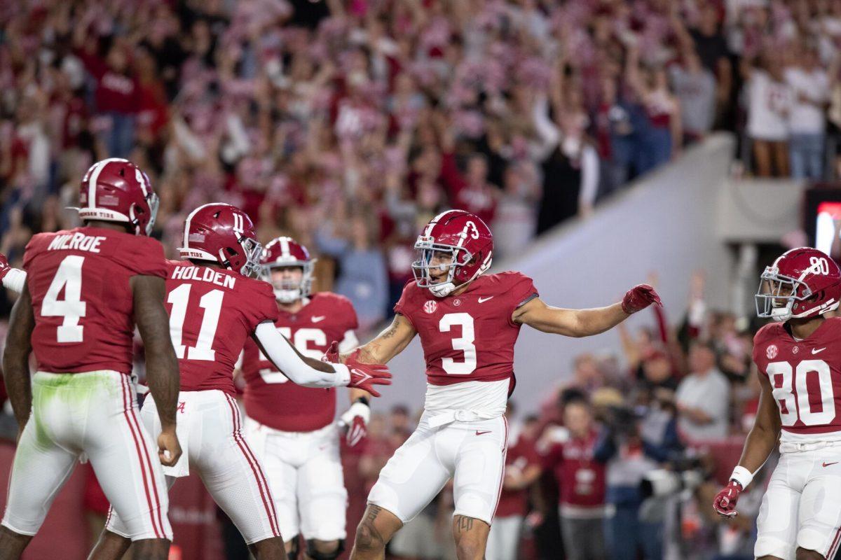 Alabama celebrates their first touchdwon against the the aggies on Saturday, Oct. 8, 2022, at Bryant-Denny Stadium in Tuscaloosa, Alabama.