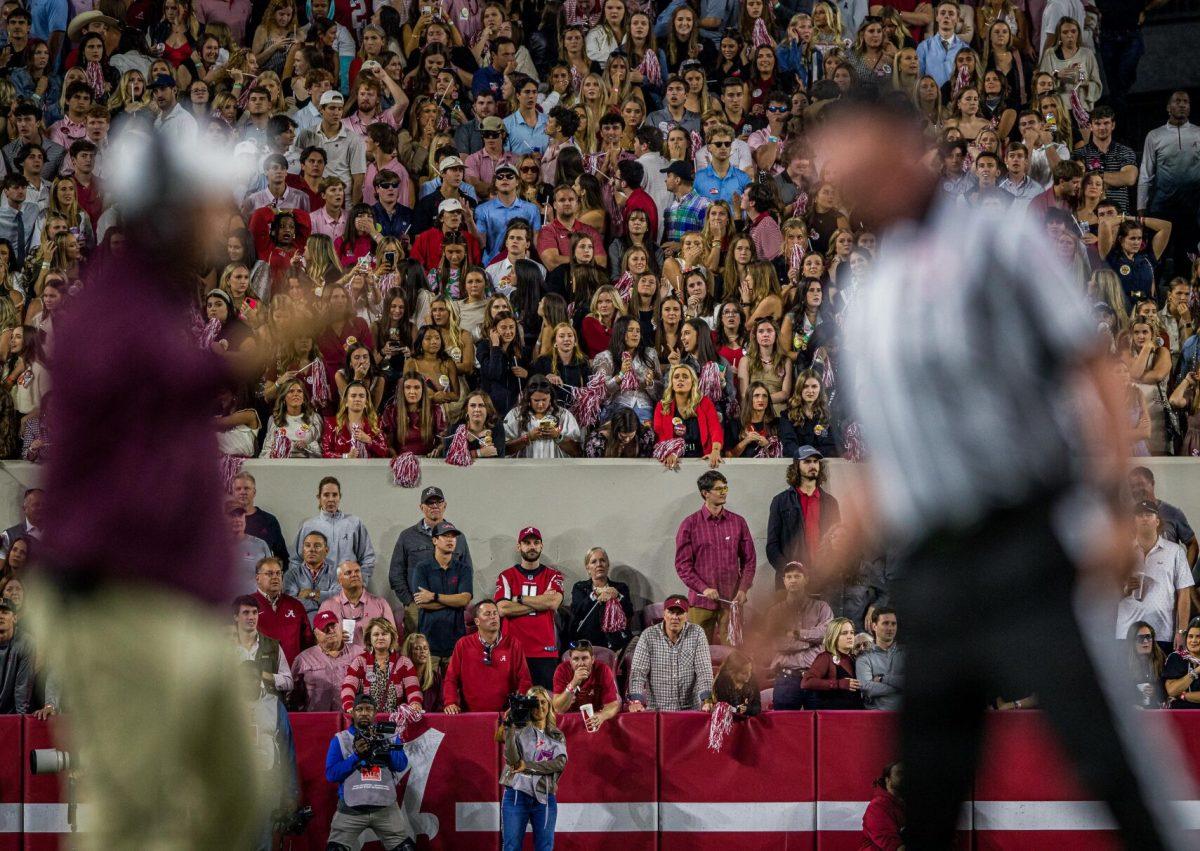 Fans react as head coach Jumbo Fisher questions a referee call during the last play of the game against the Alabama Crimson Tide on Saturday, Oct. 8, 2022, at Bryant-Denny Stadium in Tuscaloosa, Alabama.