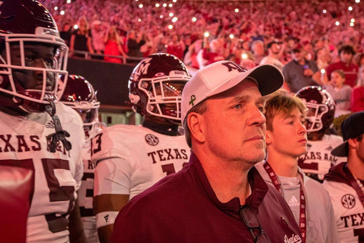 A&M coach Jimbo Fisher prepares to take the field with his team before the start of Texas A&Ms game against the Alabama Crimson Tide on Saturday, Oct. 8, 2022, at Bryant-Denny Stadium in Tuscaloosa, Alabama.