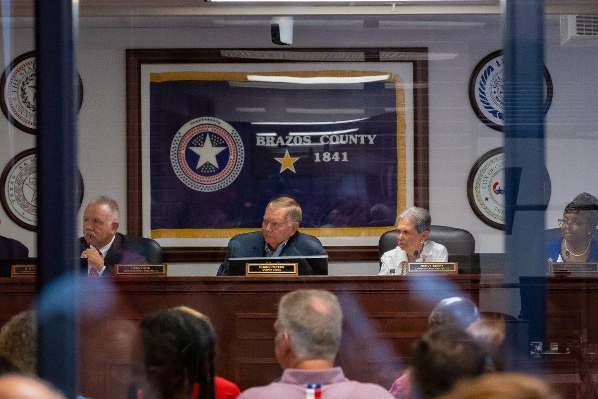 Brazos County Commissioners Russ Ford, Nancy Berry and Irma Cauley with County Judge Duane Peters during the Sept. 20, 2022 meeting of the Commissioners Court in the Brazos County Administration Building. 