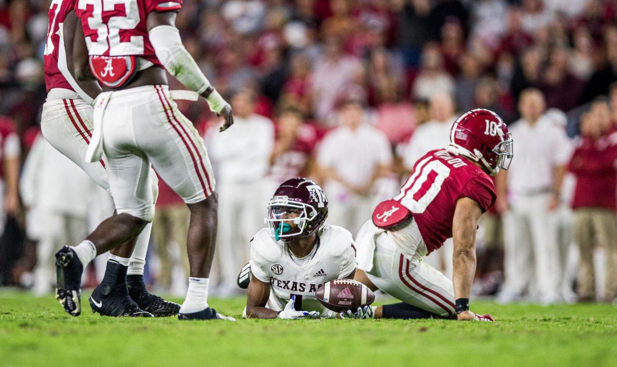 Freshman DB Bryce Anderson (1) waits to hear the referee call during a game against the Alabama Crimson Tide on Saturday, Oct. 8, 2022, at Bryant-Denny Stadium in Tuscaloosa, Alabama.