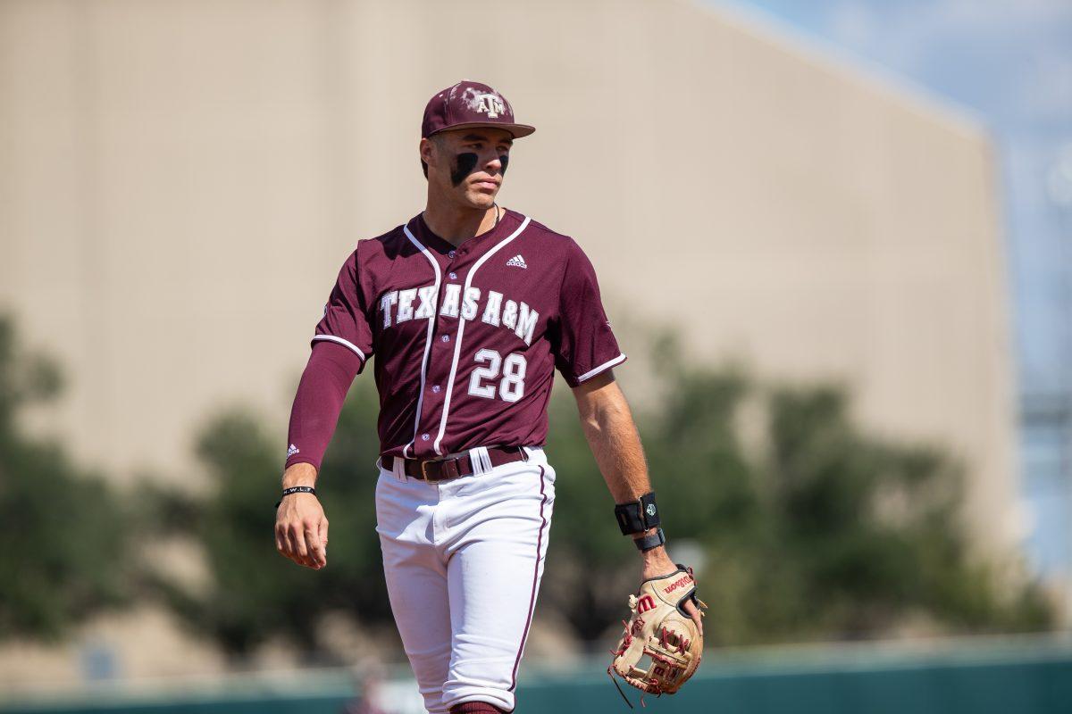 Junior INF/RHP Trevor Werner (28) prepares for the next batter on Olsen Field at Blue Bell Park during A&amp;M's game against Sam Houston on Sunday, Oct. 30, 2022.