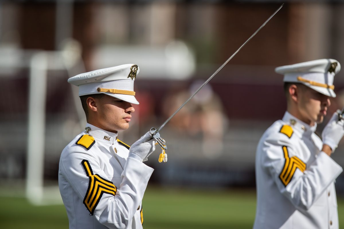 A member of the Corps of Cadets during Senior Night celebrations before A&amp;M's match against Mizzou at Ellis Field on Sunday, Oct. 23, 2022.