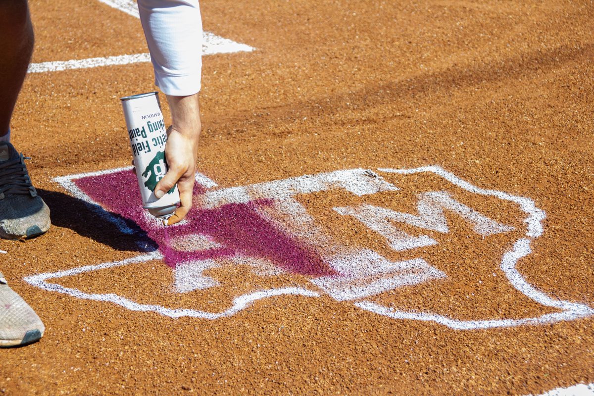 A stadium employee paints in the Texas A&amp;M University logo behind home plate on Olsen Field at Blue Bell Park before A&amp;M's game against Sam Houston on Sunday, Oct. 30, 2022.