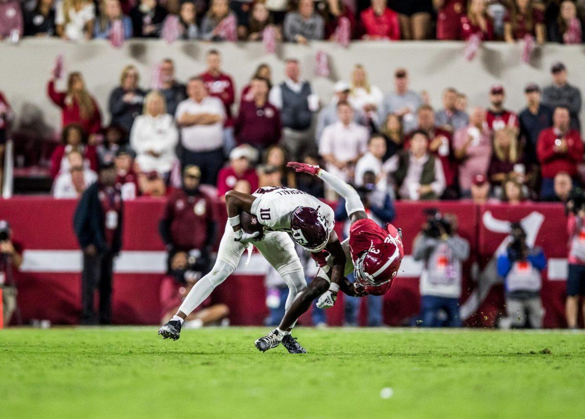 Freshman WR Chris Marshall pushes Alabama DB Terion Arnold (3) during a game against the Alabama Crimson Tide on Saturday, Oct. 8, 2022, at Bryant-Denny Stadium in Tuscaloosa, Alabama.