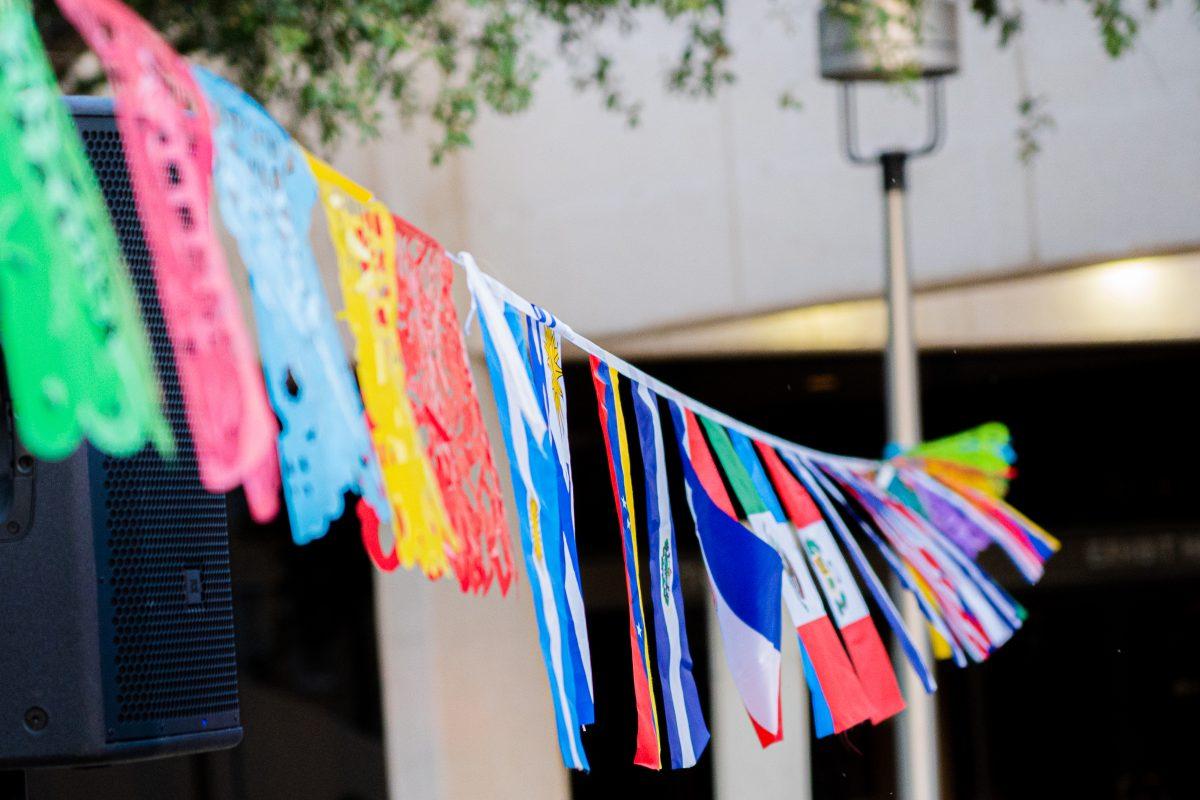<p>Papel picado flags in Rudder Plaza on Sept. 15, 2022.</p>