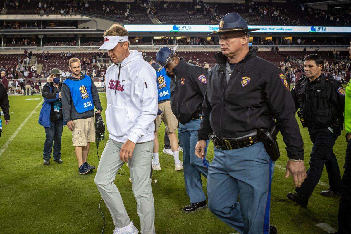 Ole Miss coach Lane Kiffen walks back to the locker room after Texas A&amp;M's game against Ole Miss at Kyle Field on Saturday, Oct. 29, 2022.