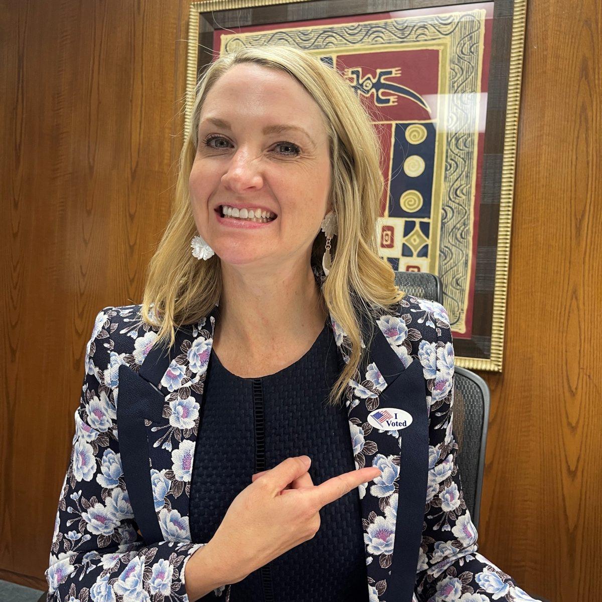 Mayor of Fort Worth Mattie Parker with a voting sticker on May 7, 2022.