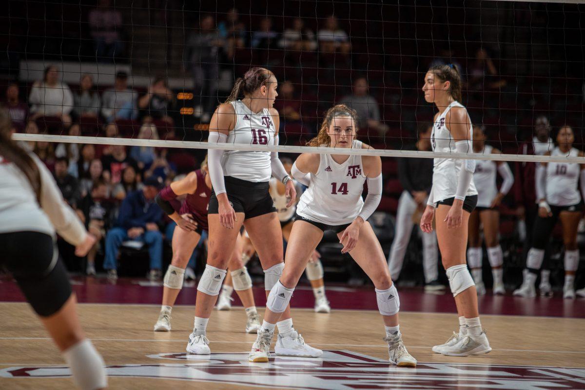 Junior MB Molly Brown (14) prepares before a serve during A&Ms match against Alabama at Reed Arena on Wednesday, Nov. 2, 2022.