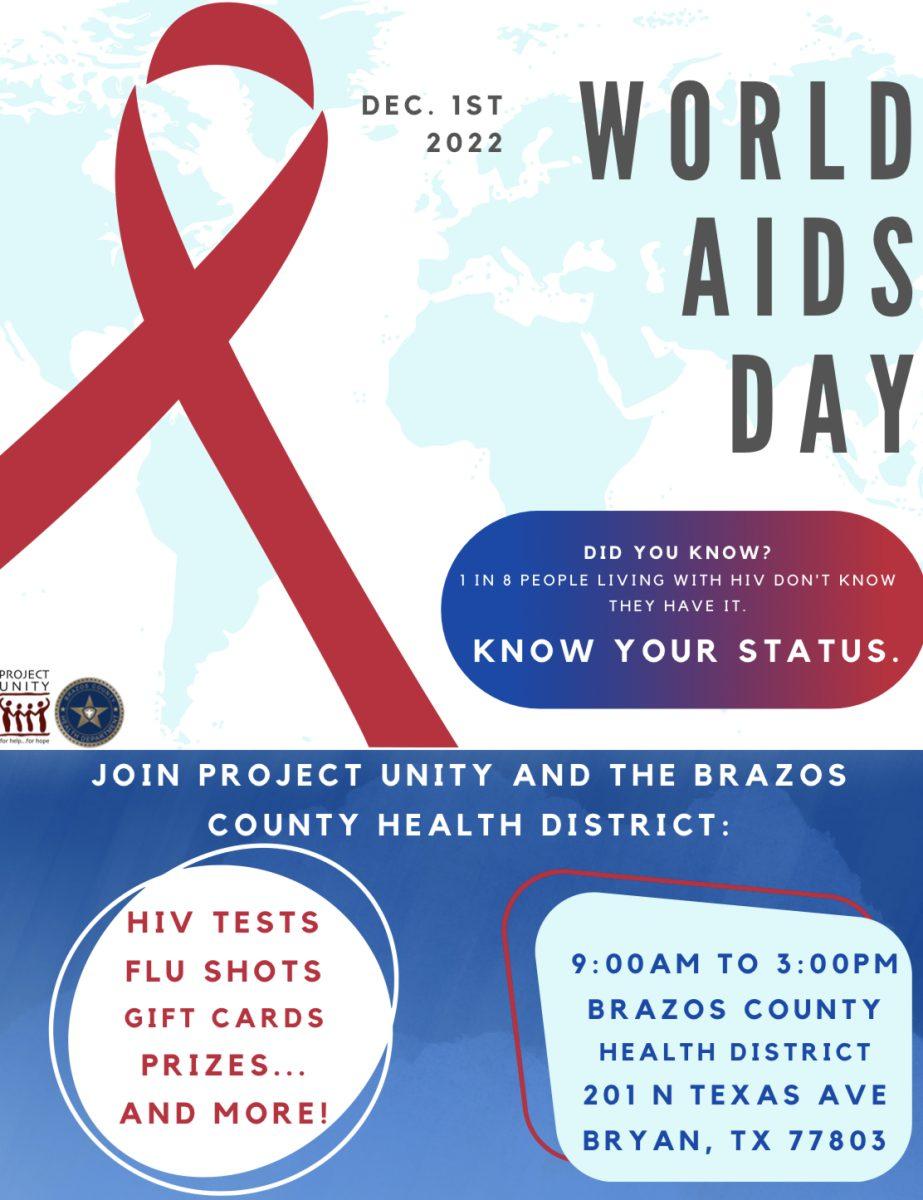 The Brazos County Health District hosts World AIDS Day from 9:00 a.m. to 3:00 p.m. on Thursday, Dec. 1, 2022. 