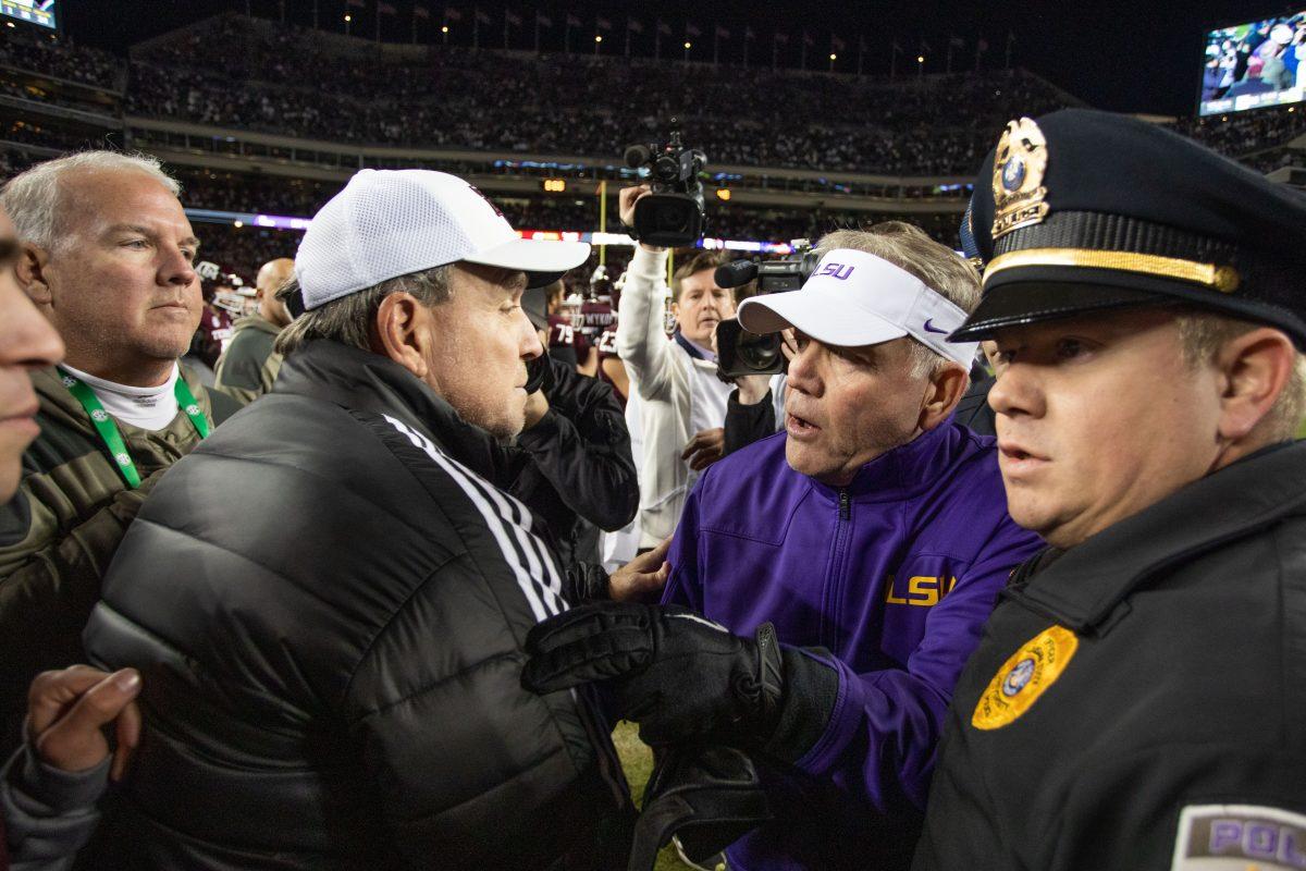 A&amp;M Football Head Coach Jimbo Fisher shakes the hand of LSU Head Coach Brian Kelly after A&amp;M defeated LSU 38-23 at Kyle Field on Saturday, Nov. 26, 2022.