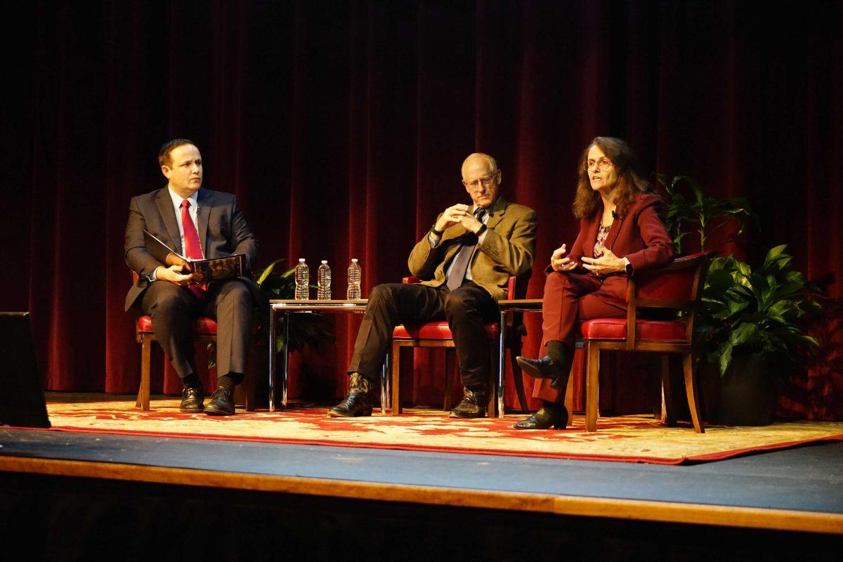 Bart Fischer, Ph.D., former U.S. Representative Mike Conaway and Borlaug Institute director Elsa Murano, Ph.D., discuss food security in the Memorial Student Center on Thursday, Nov. 3, 2022. The 68th Memorial Student Center Student Conference on National Affairs, or MSC SCONA, hosted a panel discussion on food security amid international crises. 