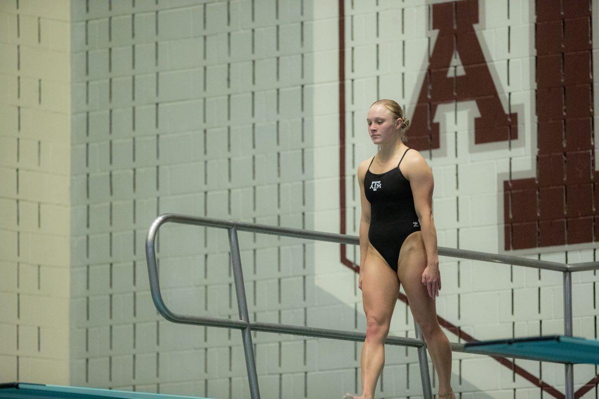 Freshman diver Mayson Richards approaches the board during A&Ms meet against Houston at the Student Recreation Center Natatorium on Thursday, Oct. 6, 2022.