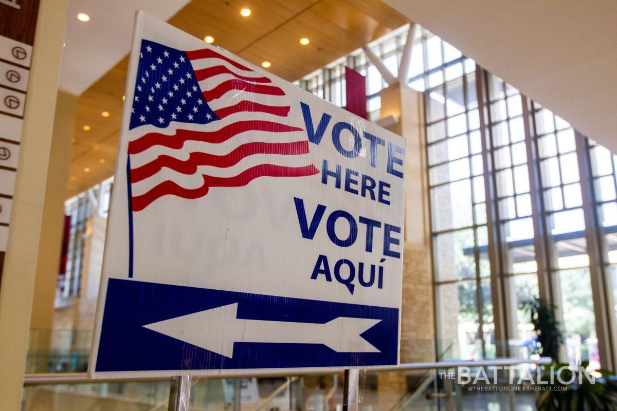 A voting sign in the Memorial Student Center on Nov. 10, 2020. Guest contributor Austin Begin explains the system of&#160;ranked-choice voting.