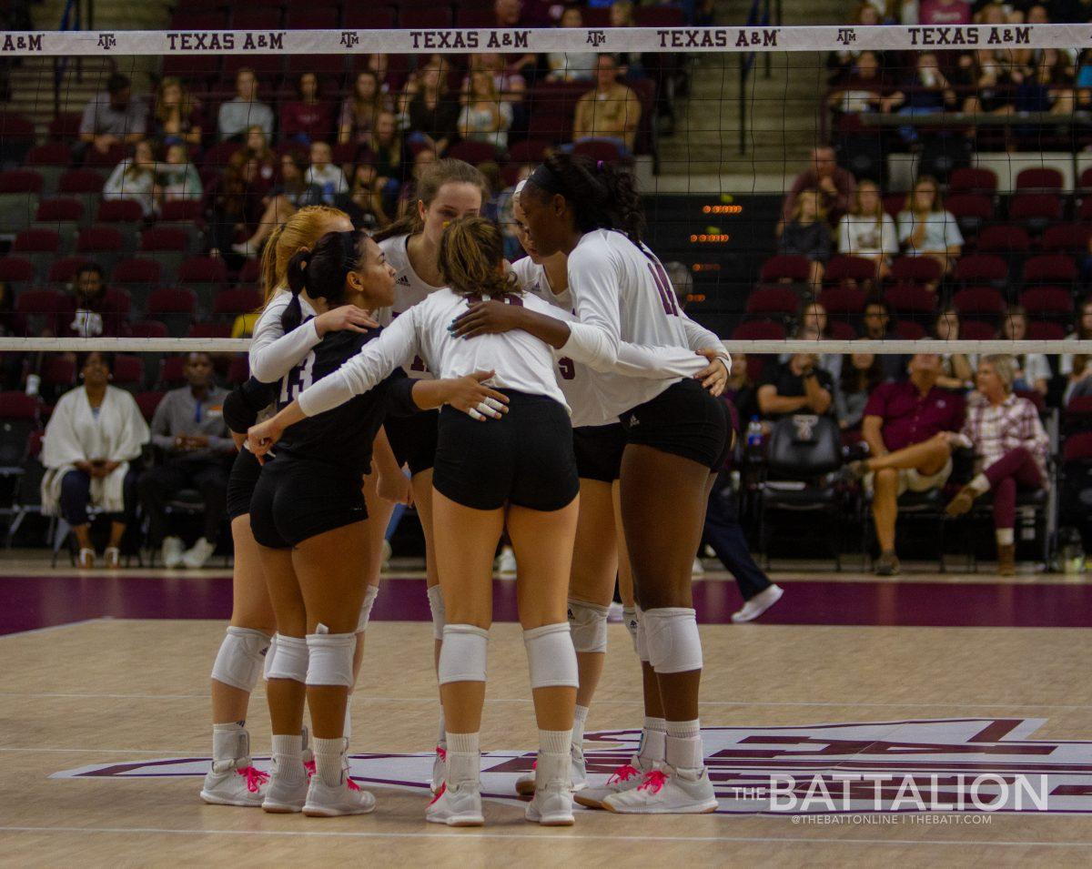 The Aggies huddle up in between plays to strategize.&#160;