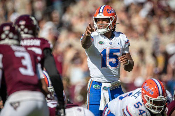 Florida QB Anthony Richardson (15) signals to his wideout before the snap during the second half of Texas A&M's game against Florida at Kyle Field on Saturday, Nov. 5, 2022.