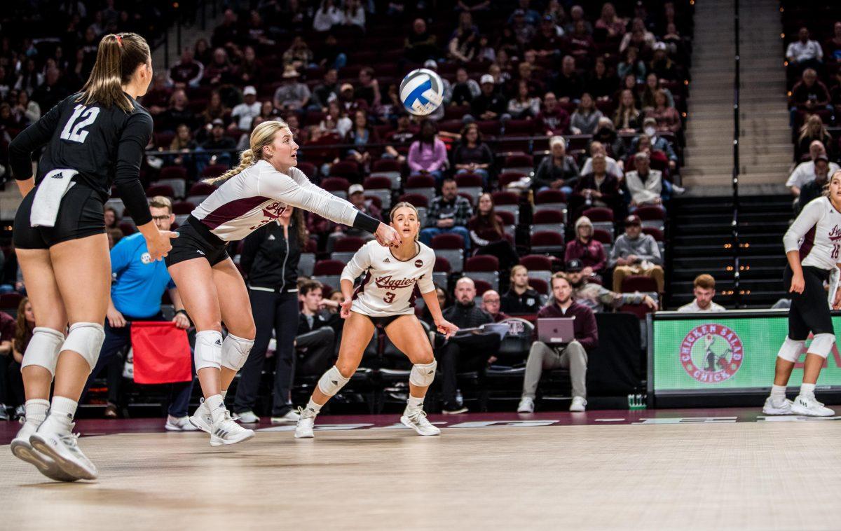 Sophomore OH Mia Johnson (31) bumps the ball during a game vs. Florida at Reed Arena on Saturday, Nov. 12, 2022.