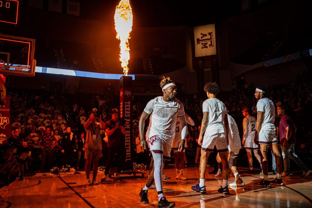 Senior G Tyrece Radford (23) walks out as the starting lineup is announced before the start of Texas A&Ms game against ULM at Reed Arena on Monday, Nov. 7, 2022.