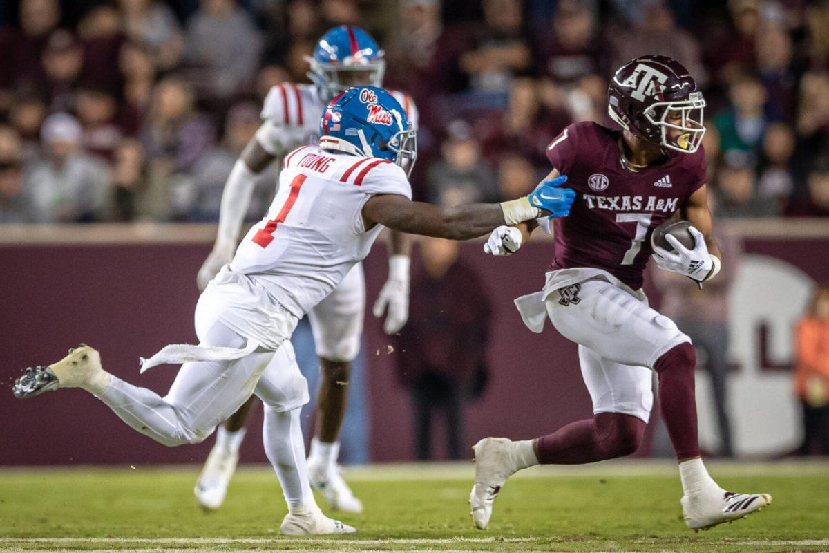 Sophomore WR Moose Muhammad III (7) is tackled during Texas A&Ms game against Ole Miss at Kyle Field on Saturday, Oct. 29, 2022.