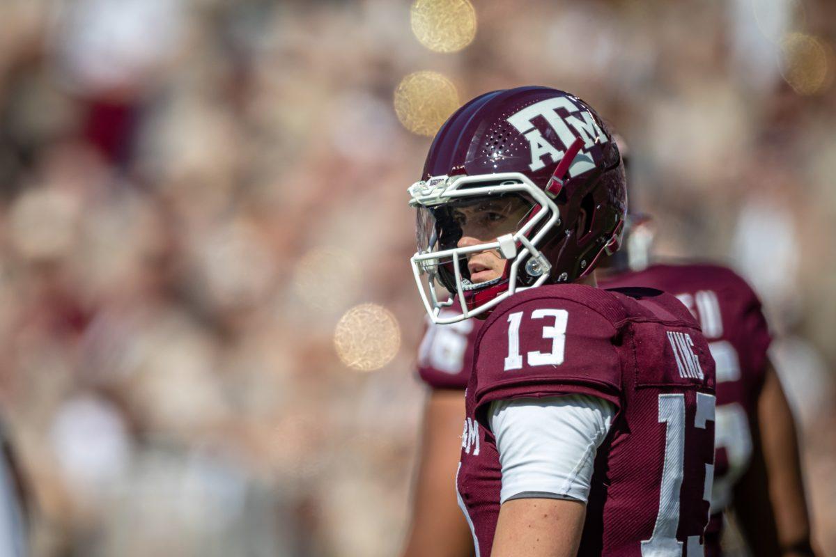 Sophomore QB Haynes King (13) prepares to signal for the snap during the second half of Texas A&amp;M's game against Florida at Kyle Field on Saturday, Nov. 5, 2022.