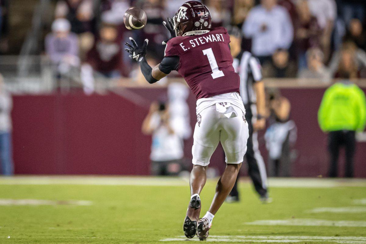 Freshman WR Evan Stewart (1) catches a pass from freshman QB Conner Weigman (15) during Texas A&Ms game against Ole Miss at Kyle Field on Saturday, Oct. 29, 2022.