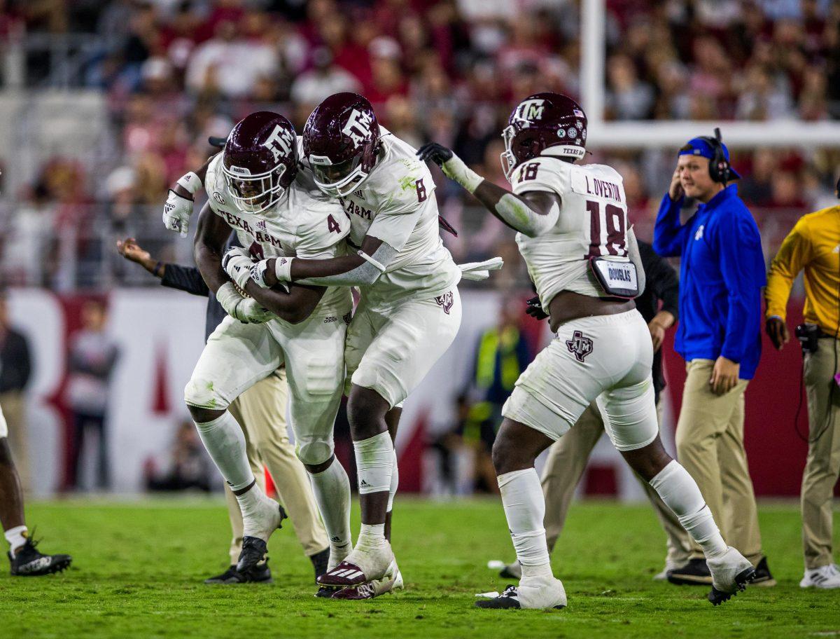 Freshman DL Shemar Stewart celebrates getting possesion of the ball during a game against the Alabama Crimson Tide on Saturday, Oct. 8, 2022, at Bryant-Denny Stadium in Tuscaloosa, Alabama.