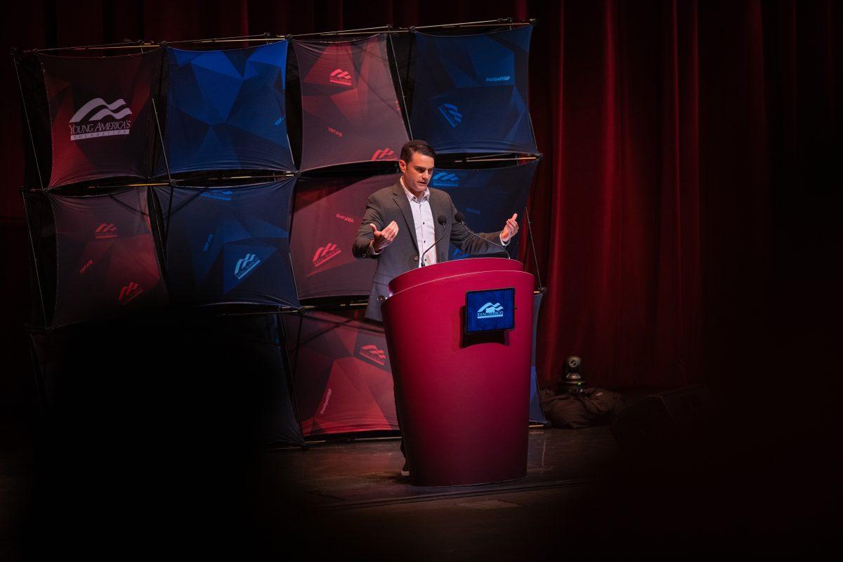 Political commentator Ben Shapiro speaks in Rudder Auditorium on Tuesday, Nov. 1, 2022. (Jonathan Taffet / The Battalion)