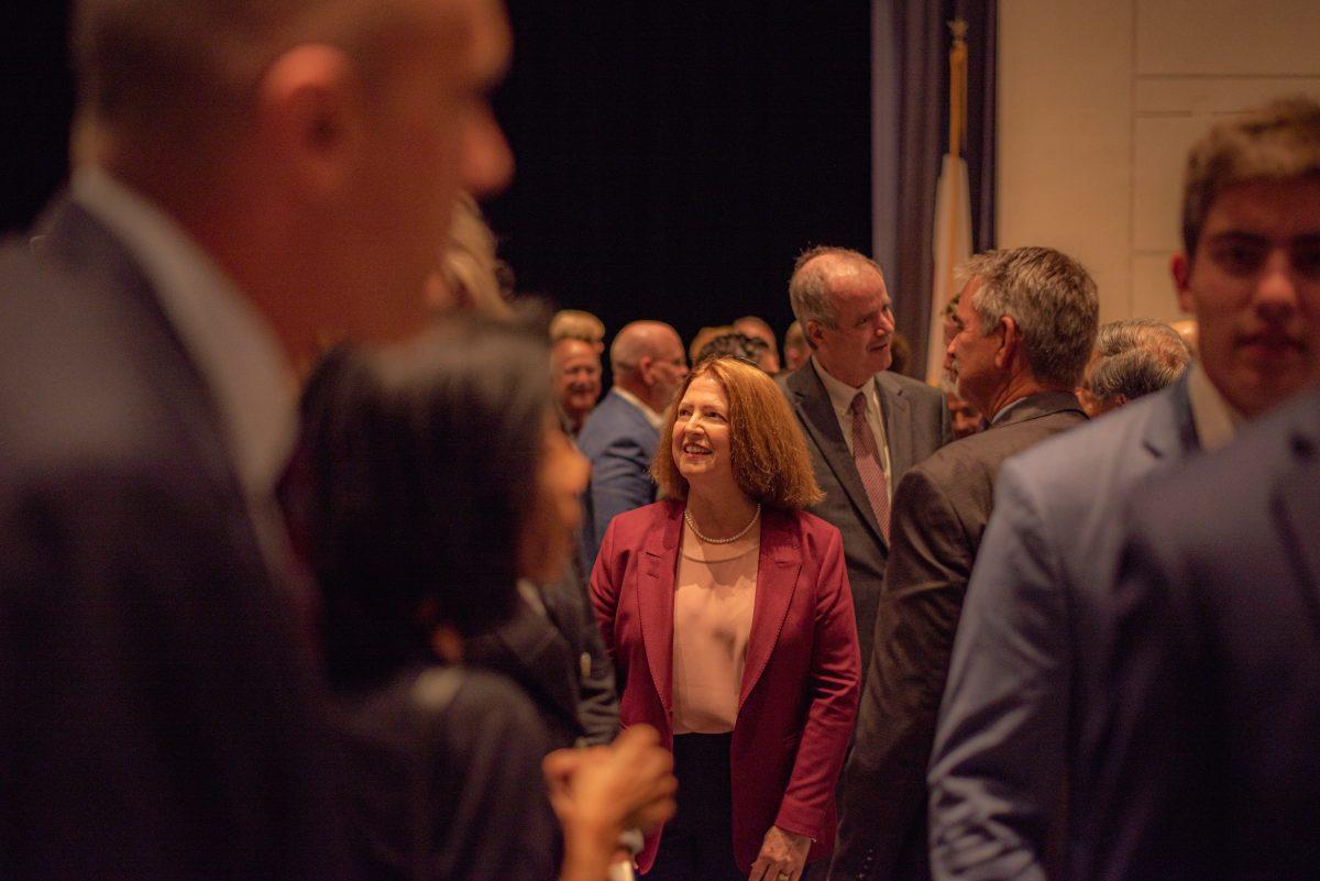 <p>President M. Katherine Banks speaks to faculty after delivering her State of the University at Annenberg Presidential Conference Center on Wednesday, Sept. 28, 2022. </p>