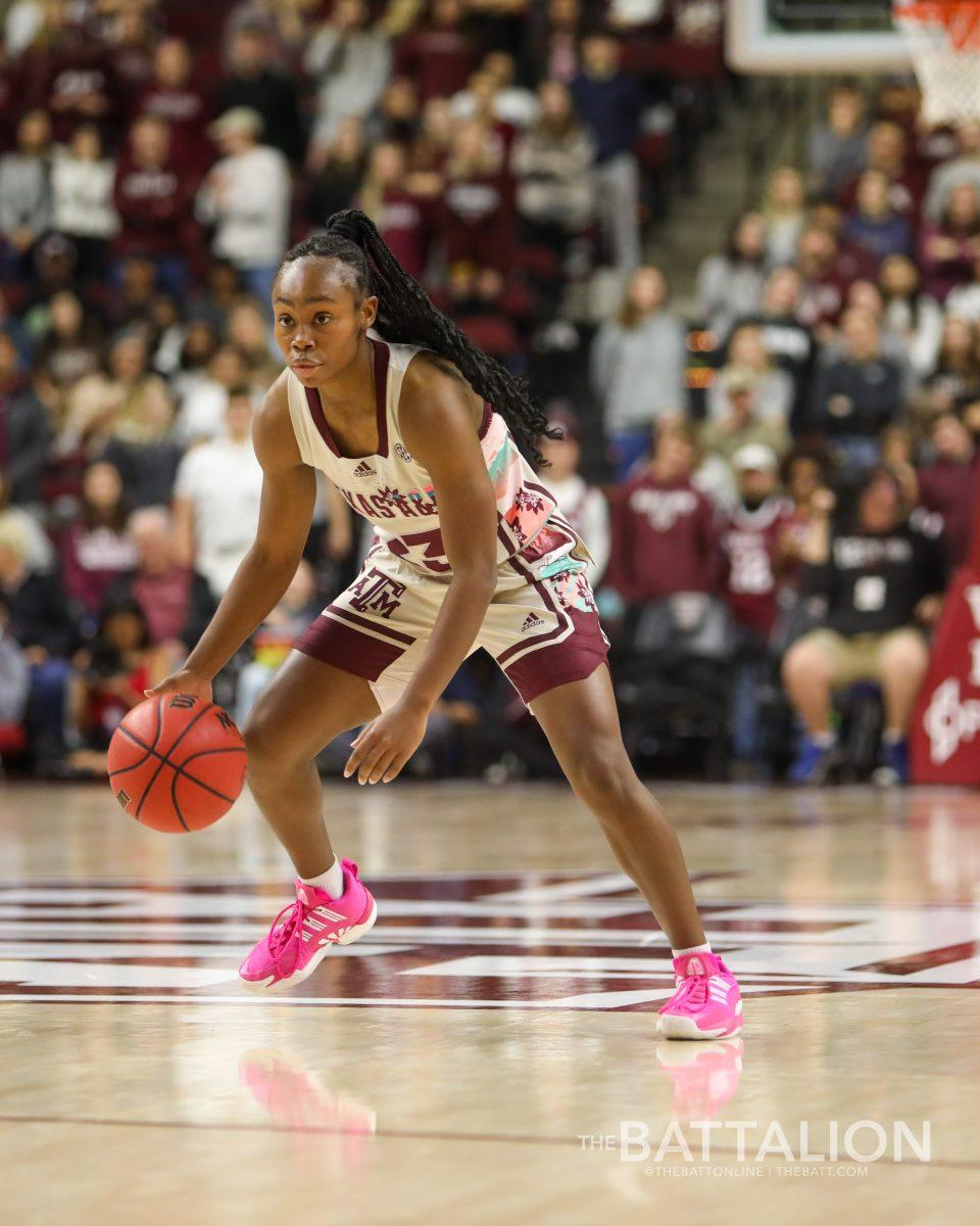 <p>Junior guard <strong>McKinzie Green</strong> (23) stands at midcourt in Reed Arena on Thursday, Feb. 24, 2022.</p>