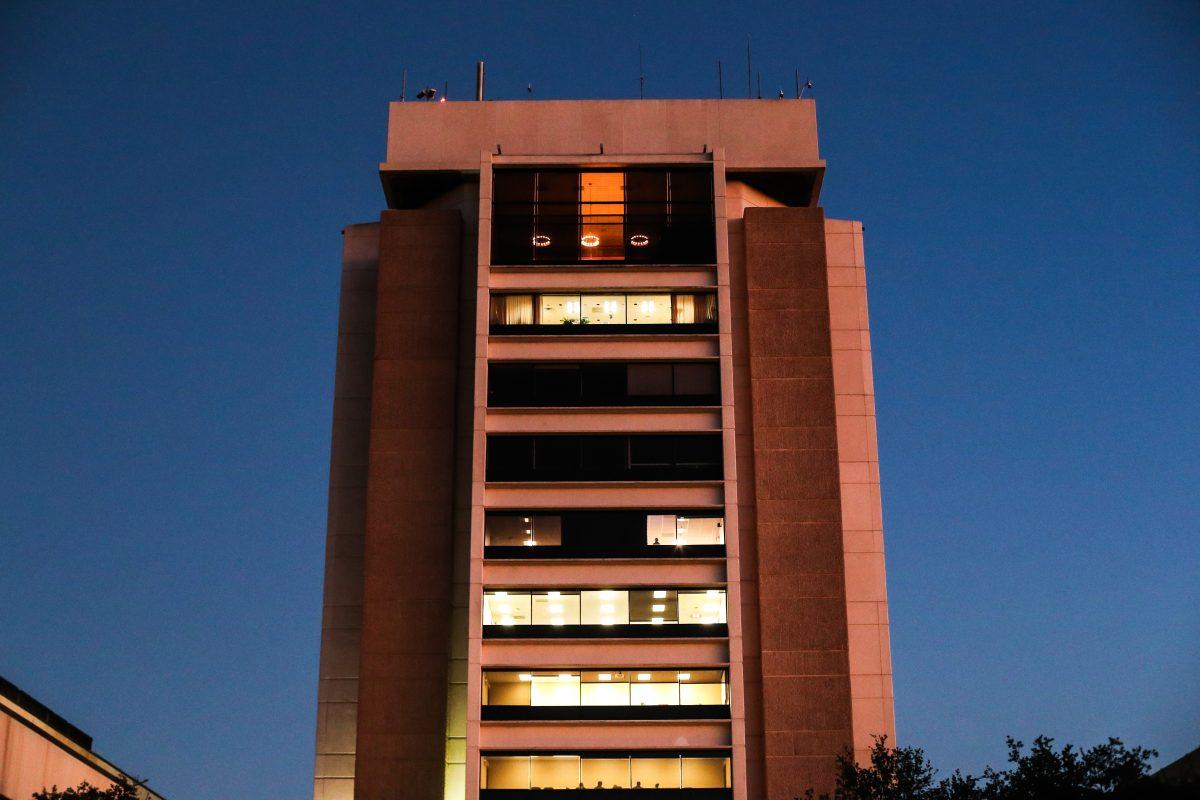 Rudder Tower in the sunset light on Wednesday, Oct. 19, 2022.